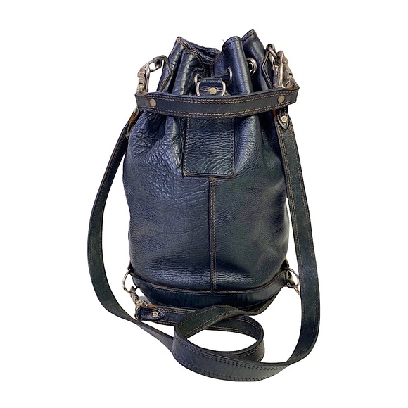 Vintage Handbags - Vintage 90s RUGBY North America Pebbled Leather Drawstring Backpack Black